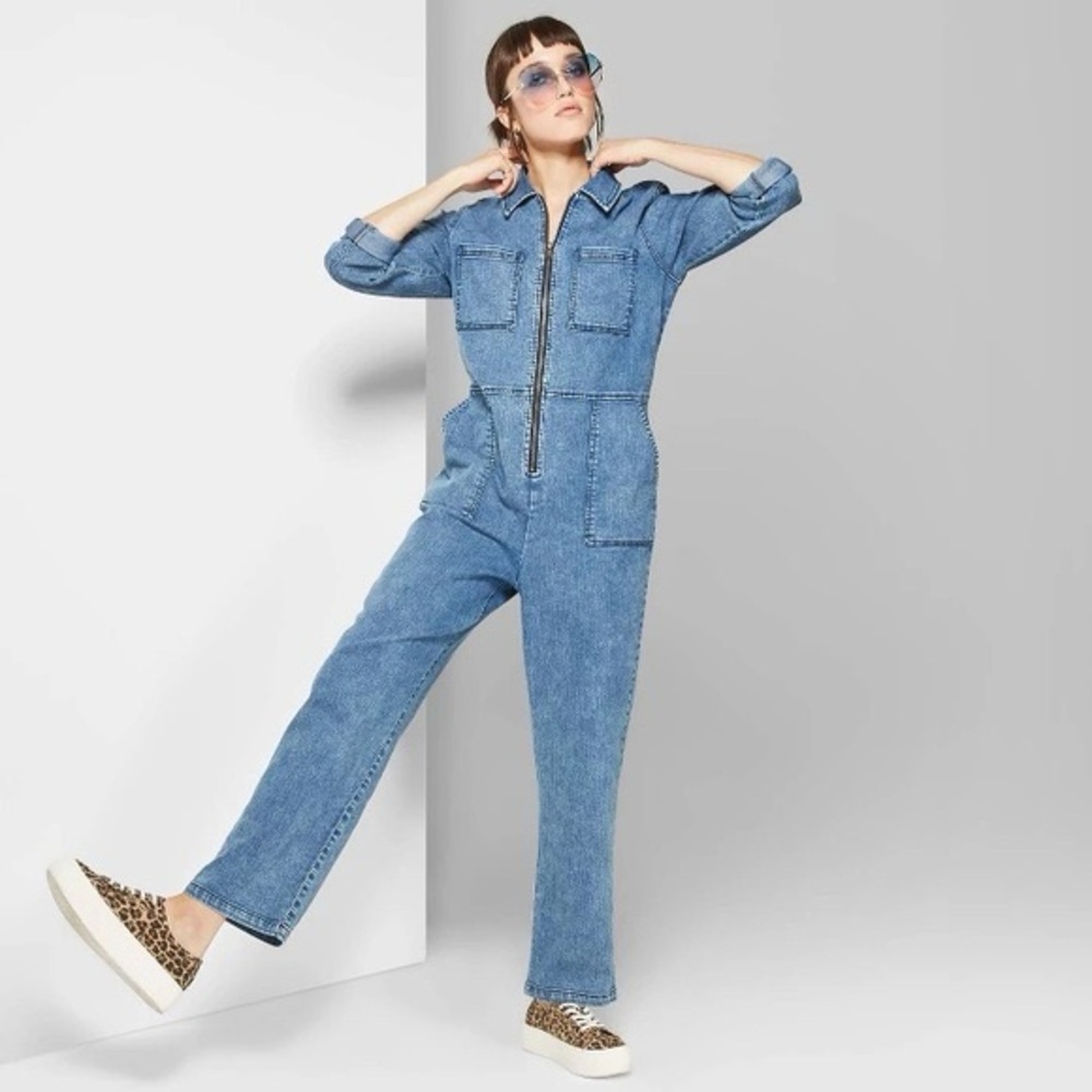 Light Blue Denim Zip-Front Jumpsuit